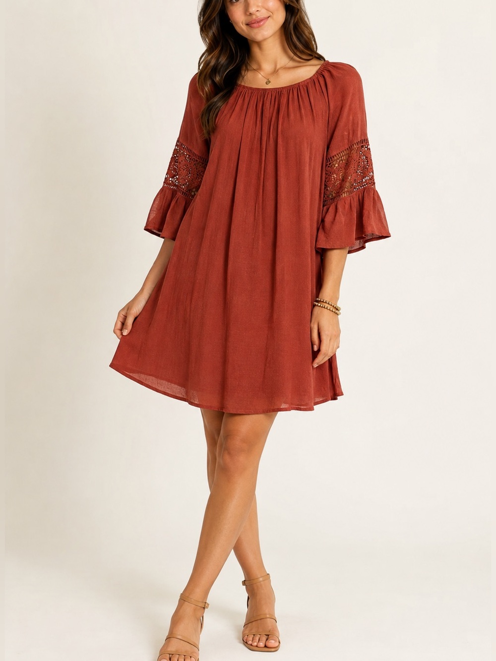Indigo Rose Women Rust Boho Crochet Bell Sleeve Midi Dress Medium Flare Sleeve